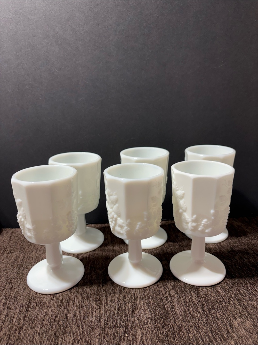 Westmoreland White Milk Glass Goblets with Embossed Grape Motif - Set of 6